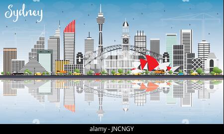 Sydney Australien Skyline mit grauen Gebäude, blauer Himmel und Reflexionen. Vector Illustration. Business Travel und Tourismus Konzept Stock Vektor