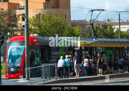 Straßenbahnen am Victoria Square, Adelaide, Südaustralien. Stockfoto
