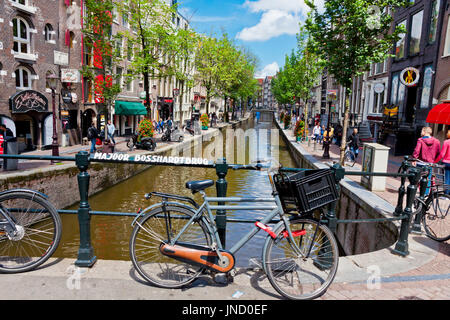 AMSTERDAM, Niederlande - 23. Juni 2013: Belebte Straße (Oudezijds Achterburgwal) im Herzen der Rotlichtviertel in Amsterdam, Niederlande. Her ansehen Stockfoto
