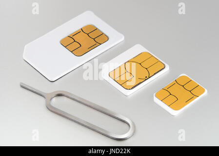 Drei Arten von GSM SIM Karten: Mini-SIM, Micro SIM und Nano-SIM. Kompatibilitätsproblem auf vielen Smartphones. Subscriber Identification Module Stockfoto