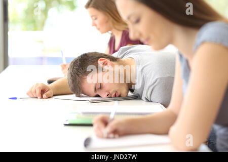 Müde Schüler in einer Klasse im Klassenzimmer zwischen anderen Klassenkameraden schlafen Stockfoto