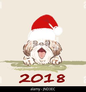 Weihnachtskarte. Lustige Porträt eines Hundes in eine rote Weihnachtsmütze. 2018 Jahr des Hundes. Abbildung. Stock Vektor