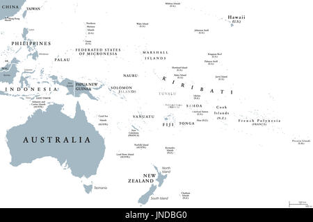 Oceania politische Karte mit den Ländern. Englisch beschriften. Region, bestehend aus Australien und den Pazifischen Inseln mit Melanesien, Mikronesien und Polynesien. Stockfoto