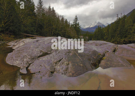 Wildnis Blick auf die Berge, Flüsse und Regenwald auf dem Weg nach Tofino, British Columbia. Stockfoto