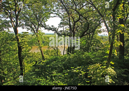 Wegweiser und Schritte zu Toms Baumhaus von einer Promenade Weg durch den Wald in Fontenelle Forest Nature Center in Bellevue in der Nähe von Omaha in Nebraska. Stockfoto