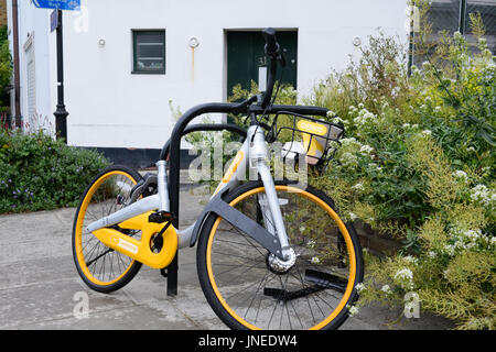 London, UK. 29. Juli 2017. Eine beschädigte oBike in Keramik Lane in London gefunden. Der Fahrradkorb ist voller Müll, der Sitz fehlt, und es gibt Müll in den Korb. Die Bike-sharing-dockless Fahrrad-Schema wurde erst vor kurzem nach London eingeführt. Andrew Steven Graham/Alamy Live-Nachrichten Stockfoto