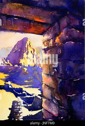 Bildende Kunst Aquarell Ansicht von Hütte des Hausmeisters des zerstörten Inka-Stadt Machu Picchu-Sacred Valley, Peru Stockfoto