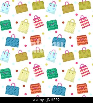 Niedliche Einkaufstasche Musterdesign. Bunte Tragetaschen mit verschiedenen Design-Hintergrund. Papiersäcke endlosen Hintergrund Textur. Geschenk-Paket. Vektor-Illustration. Stock Vektor