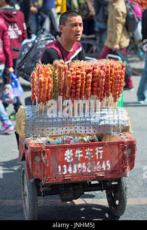 Chinesische Verkäufer verkaufen Süßigkeiten auf der Straße in die verbotene Stadt, Beijing, China Stockfoto