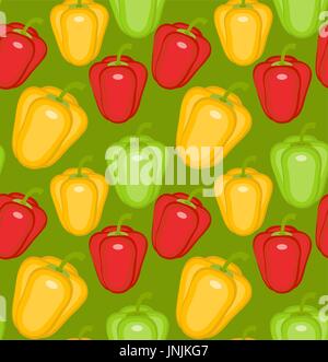 Bulgarische Pfeffer Musterdesign. Paprika gelb, grün, rot, endlosen Hintergrund Textur. Gemüse-Hintergrund-Vektor-Illustration. Stock Vektor