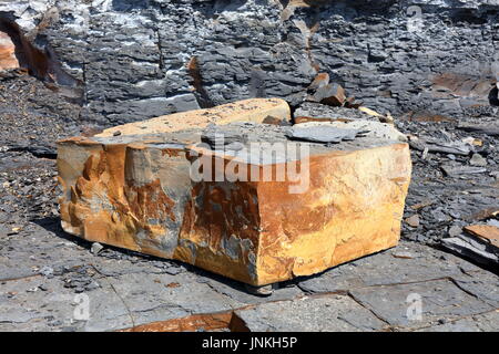 Massive mineralische gebeizt Kalksteinblock vor Kurzem aus instabilen Öl Lager schiefer Felswand neben Kimmeridge Simsen, Dorset UK gebrochen Stockfoto