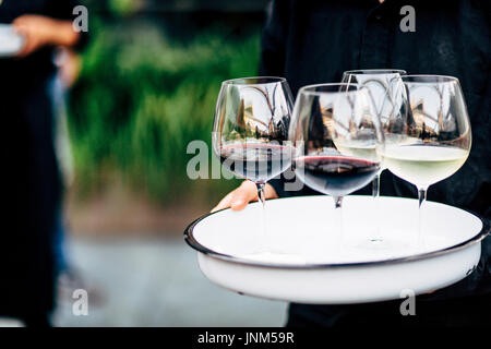 Kellner servieren Weingläser. Rot, Weiß und Champagner Gläser bei gesellschaftlichen Veranstaltungen. Stockfoto