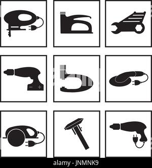 Werkzeuge mechanische Symbole gesetzt, schwarze Silhouette. Element Logo Werkzeuge, isoliert auf einem weißen Hintergrund. Vektor-Illustration. Stock Vektor