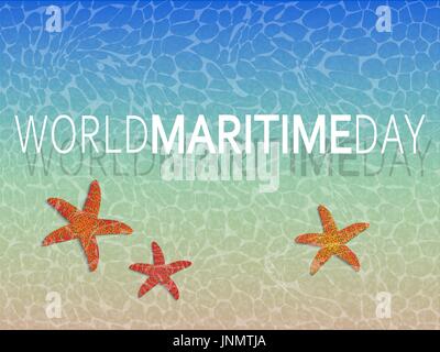 der Meeresgrund mit Seestern und der Inschrift Marytime Welttag Stock Vektor