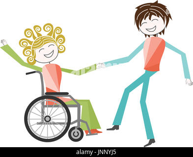 Eine behinderte Frau in einem Rollstuhl-Tänze mit einem Freund steht Stockfoto