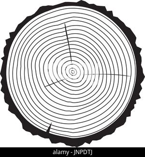 Vektor-Illustration der Baum Ring Hintergrund und Sägeschnitt Baumstamm schwarze Silhouette. Konzeptionelle Grafik. Stock Vektor
