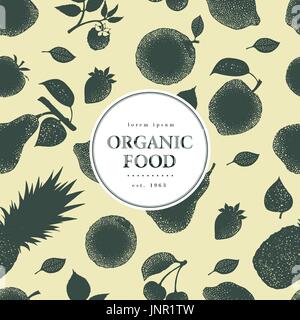 Früchte Hand gezeichnete Vektor nahtlose Muster. Banner-Vorlage. Gravierte Retrostil Hintergrund. Kann sein Einsatz für Menü, Beschriftung, Verpackung, Bauernmarkt Stock Vektor