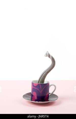 Ein Elefantenrüssel entstehende eine kleine Tasse Kaffee, als ob er versteckt hielten. Minimalistisches Design für lustige und skurrile Still Life Fotografie Stockfoto