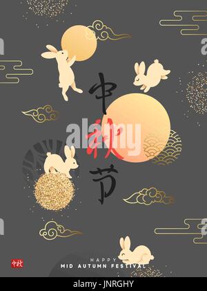 Grußkarten-glückliche Kaninchen mit Mond chinesische Festival Mitte Herbst. Stock Vektor