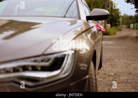 Moderne Luxus-Auto mit kleinen ordentlich rosa Dekoration auf einen Türgriff. Stockfoto