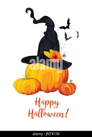 Happy Halloween Text, Grußkarte mit Hexe Zauberhut, orange Blumen, Distel gekleidet auf Kürbis, fliegen Fledermäuse. Poster, Banner Vektor Kunst Interessenvertreter Stock Vektor
