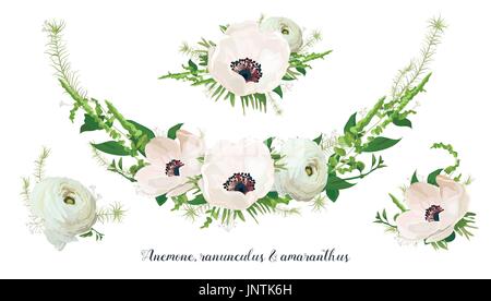 Blume Blumenstrauss Blumengebinde, Vektor-Design-Object-Element. Pfirsich, blass rosa Anemone weiße Ranunkel Mohn-Blüten, Beeren Eukalyptus Kräuter Mix rustikal Stock Vektor