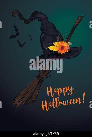 Happy Halloween Text, Grußkarte mit magischen Hexenhut mit schwarzen Besen, orange Blumen Distel, fliegen Fledermäuse. Kunst Poster Banner Vektorgrafik Stock Vektor