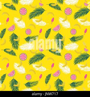 BEAUTIFIL Sommer Musterdesign Hintergrund mit Palm Tree Leaf Silhouette, Wassermelone, Banane und Eis. Vektor-Illustration Stock Vektor