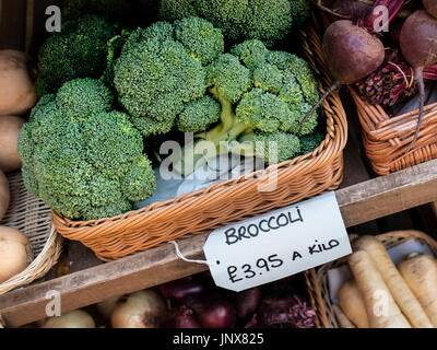 Frische organische Brokkoli auf Display mit kilopreis Label, in Weidenkorb zum Verkauf in einem britischen biologischen Gemüsegarten Farmers Market Stall Stockfoto