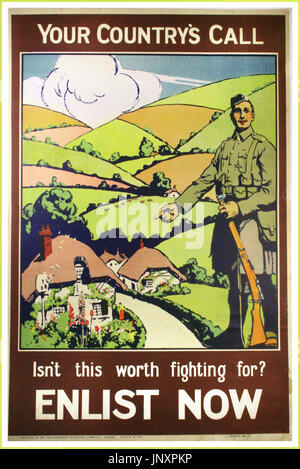 Vintage WW1 britische militärische Rekrutierung Propagandaplakat "ist das nicht worth fighting for?"  'JETZT EINTRAGEN' 1914 Stockfoto