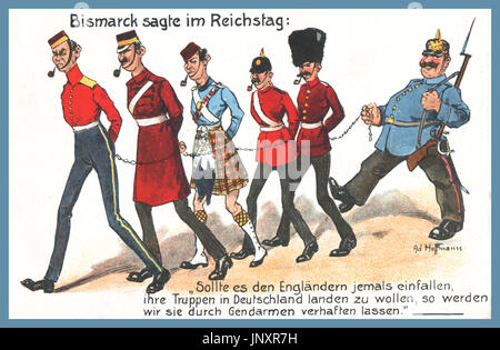 Wk1 Deutsche Propaganda Postkarte "Bismarck sagte im Reichstag'' Bismarck sagt im Reichstag' ... In der Poster sind Karikaturen von einer deutschen Guard und fünf britische Soldaten miteinander verkettet, um sie wie Hunde an der Leine, ein Zeichen dafür, wie viel Verachtung die Deutschen sie in statt. Die britischen Soldaten sind Stereotypen, die sie alle eine Pfeife im Mund haben und Tragen karikiert britische militärische Uniformen. "BISMARK SAGT im Reichstag'' 'Sollte die Briten ihre Truppen in Deutschland zu landen wollen, also müssen wir Ihnen von Gendarmen'' verhaftet (Deutsch WW1 Humor) Stockfoto