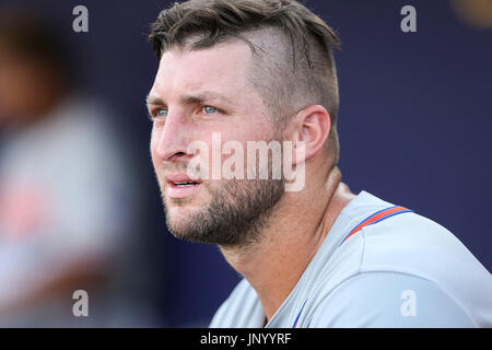 Port Charlotte, Florida, USA. 29. Juli 2017. WILL VRAGOVIC | Times.St. Lucie Mets Outfielder Tim Tebow (15) auf der Trainerbank während des Spiels zwischen den St. Lucie Mets und Charlotte Steinkrabben an Charlotte Sportpark in Port Charlotte, Florida auf Samstag, 29. Juli 2017. Bildnachweis: Willen Vragovic/Tampa Bay Times / ZUMA Draht/Alamy Live News Stockfoto