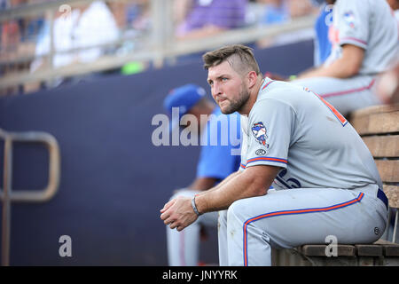 Port Charlotte, Florida, USA. 29. Juli 2017. WILL VRAGOVIC | Times.St. Lucie Mets Outfielder Tim Tebow (15) auf der Trainerbank während des Spiels zwischen den St. Lucie Mets und Charlotte Steinkrabben an Charlotte Sportpark in Port Charlotte, Florida auf Samstag, 29. Juli 2017. Bildnachweis: Willen Vragovic/Tampa Bay Times / ZUMA Draht/Alamy Live News Stockfoto