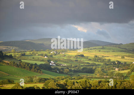 Aberystwyth, Wales, UK. 31. Juli 2017. Großbritannien Wetter. Kredit-schwere Wolke und starken Regen Duschen Kontrast mit Abendsonne über die Cambrian Mountains West Wales - John Gilbey/Alamy Live News - 31. Juli 2017: John Gilbey/Alamy Live News Stockfoto