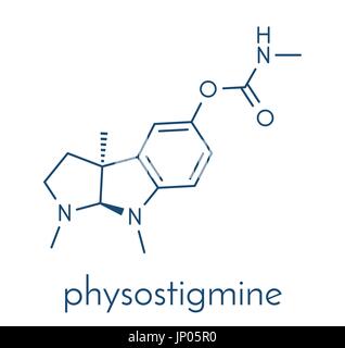 Physostigmin Alkaloid Molekül. Präsentieren Sie in Calabar Bohne und Manchinelbaum Baum, fungiert als Acetylcholinesterase-Hemmer. Skelettformel. Stock Vektor