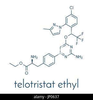 Telotristat Ethyl Wirkstoffmolekül (Tryptophan-Hydroxylase-Hemmer). Skelettformel. Stock Vektor