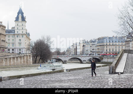 Paris, Frankreich - 2. März 2016: Junge Frau, die ihren Hund spazieren gehen, an der Seine, gegenüber der Île De La Cité und Pont Saint-Michel Stockfoto