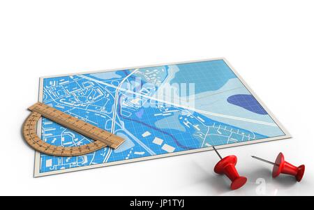 3D Darstellung der blauen Karte mit Winkelmesser und Stockfoto