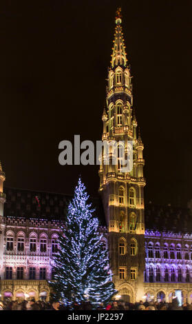 Brüssel, Belgien - 8. Dezember 2013: Weihnachtsbaum, Dekorationen und Lichter in der Nacht in der Grande Place Brüssel, Belgien Stockfoto