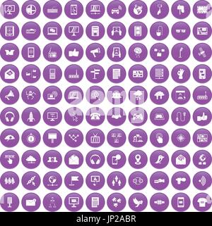 100 Kommunikation Icons set lila Stock Vektor