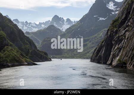 Steilen einseitige glazialen Mulde Fjord gezackten Berggipfel, Trollfjord, Lofoten-Inseln, Nordland, Nord, Norwegen Stockfoto