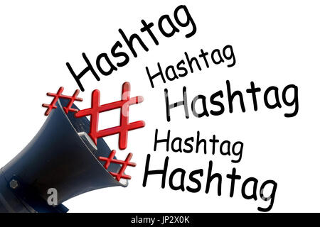 Megaphon und Symbol # Hashtag # rot auf weißem Hintergrund. Stockfoto