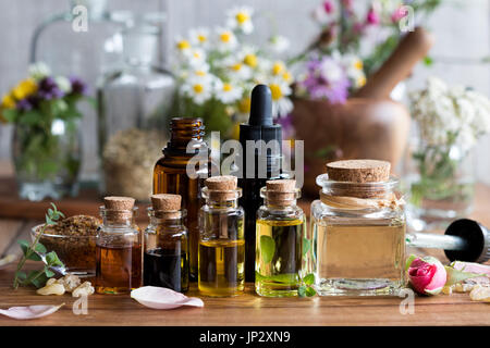 Auswahl von ätherischen Ölen mit verschiedenen Kräutern und Blumen im Hintergrund Stockfoto