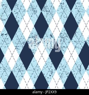 Nahtlose Argyle im Alter Muster. Traditionelle Diamant Check print in moderaten blau, zartes Blau und weiß mit schwarzen Stich und Grunge Texturen. Grunge vinta Stock Vektor