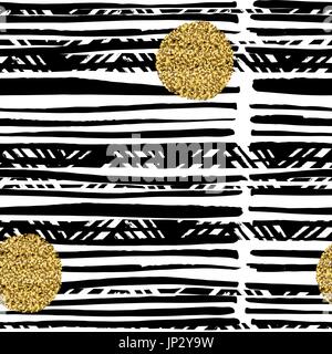 Handgezeichnete schwarze Linien auf weißem Hintergrund Musterdesign. Nahtloses Design goldene Punkte. Stock Vektor