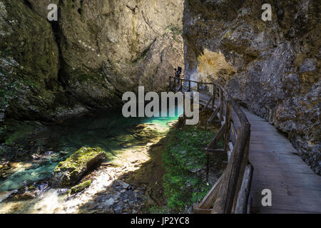 Mann mit Kind Wandern in Vintgar-Schlucht in Slowenien in der Nähe von Bled See. Stockfoto