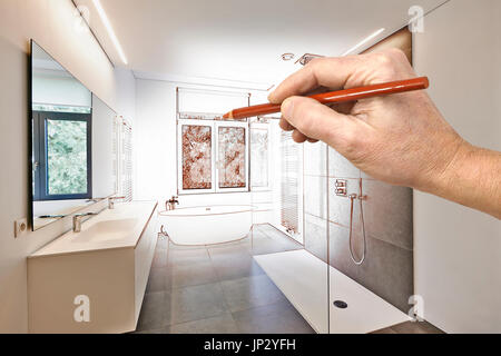 Zeichnung Sanierung ein modernes Luxus-Bad, Badewanne in Corian, Wasserhahn und Dusche im Badezimmer mit Fenster zum Garten Stockfoto