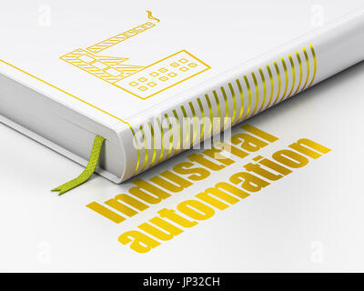 Manufacuring Konzept: Buch Industriegebäude, Industrieautomatisierung auf weißem Hintergrund Stockfoto
