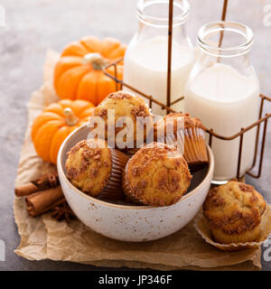 Kürbis-Muffins mit Milch in Flaschen fallen Stockfoto