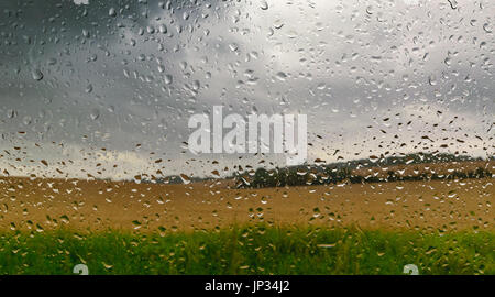 Regentropfen auf Fenster und Gold Feld Hintergrund Stockfoto